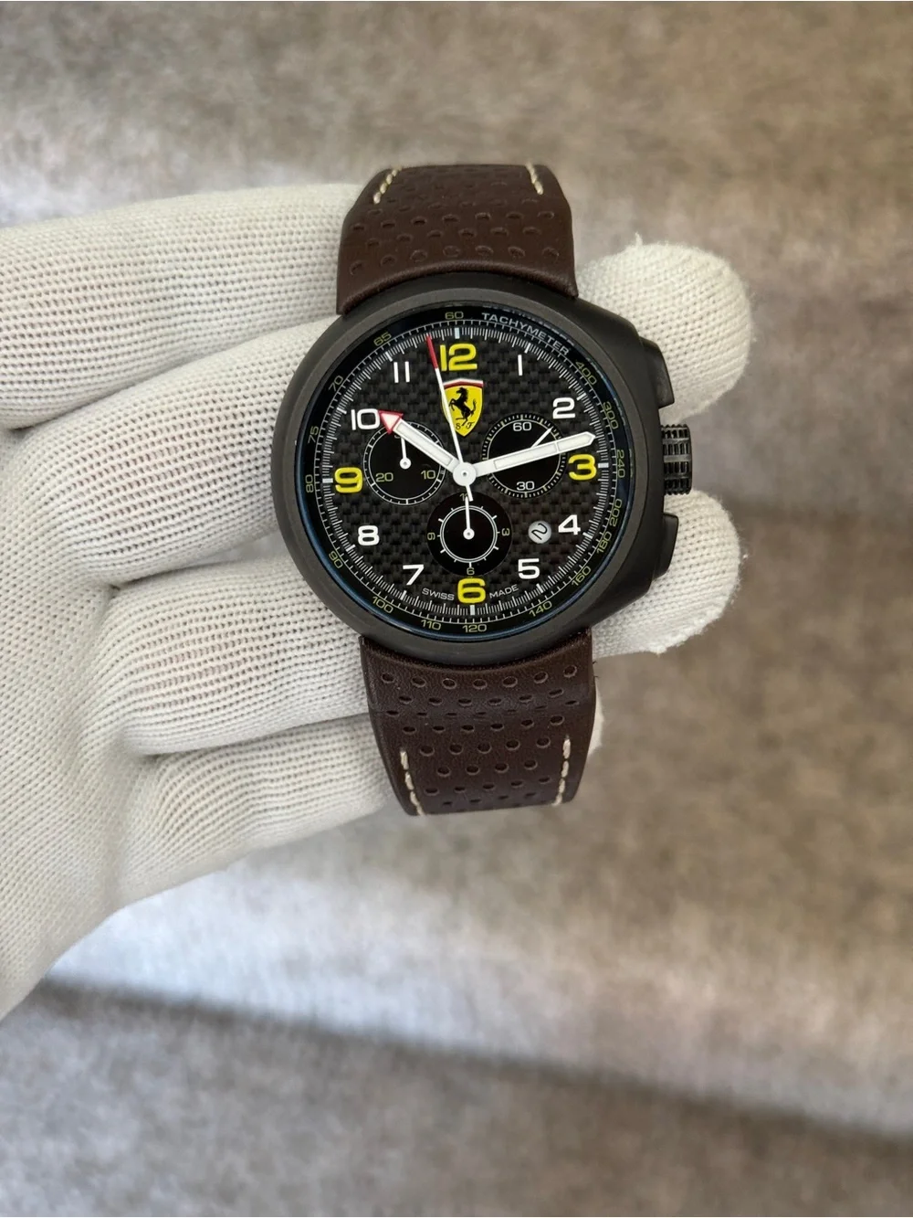 Ferrari F1 classBlack Dial Chronograph Watch with Yellow Accents and Brown Strap